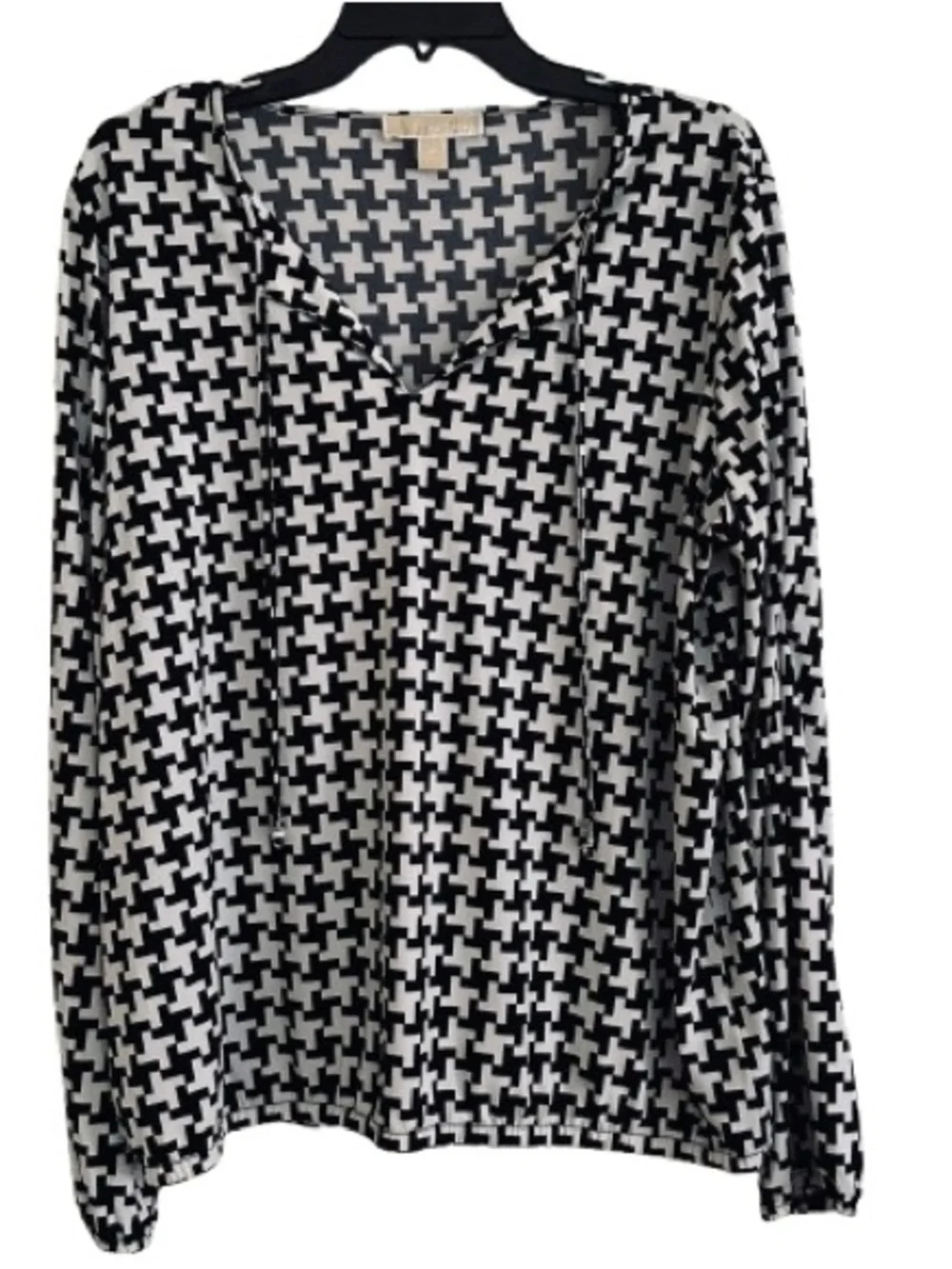 Michael Kors Top Blouse Black White Long Slit Sleeves Geometric Print Size XL